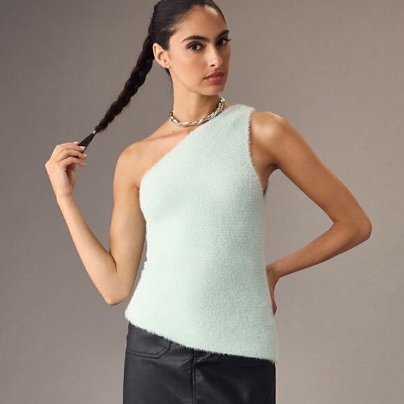 By Anthropologie One-Shoulder Eyelash Sweater Tank Sky Mint Green L NWT - Picture 1 of 13